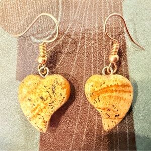 Natural Picture Jasper Heart Earrings – Gold Stainless Steel Boho Dangles